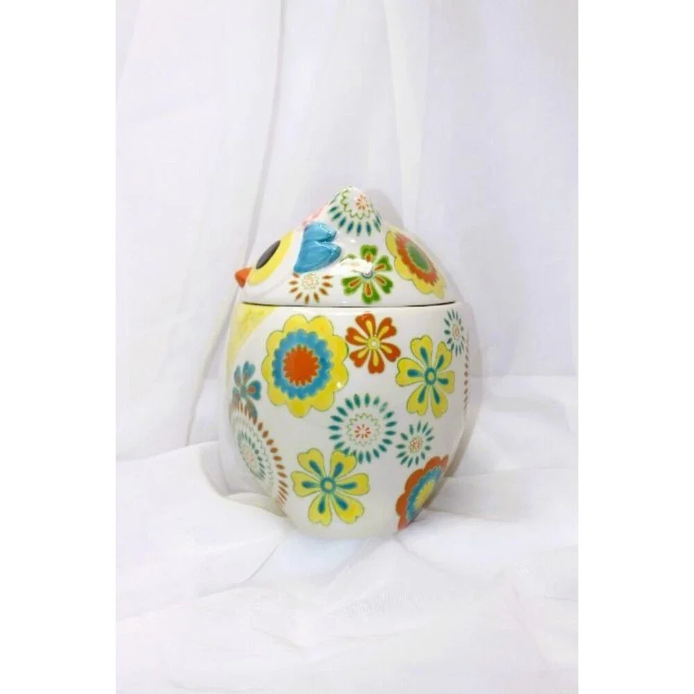D/C'd Pier 1 Imports Owl Cookie Jar Hand Painted Stoneware 9.5